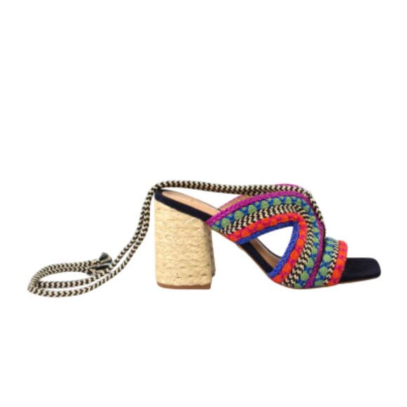 Anthropologie Ferracci Lace Up Kilim Sandals Womens 39 9 Pink Blue Block Heels - Picture 11 of 11